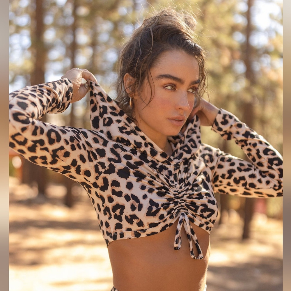 2/$20 Sommer Ray Ruched Front Leopard Hoodie